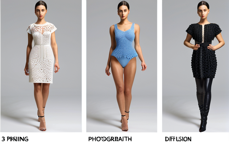 Here are three image prompts for Stable Diffusion, summarizing the provided text about 3D printing in fashion: