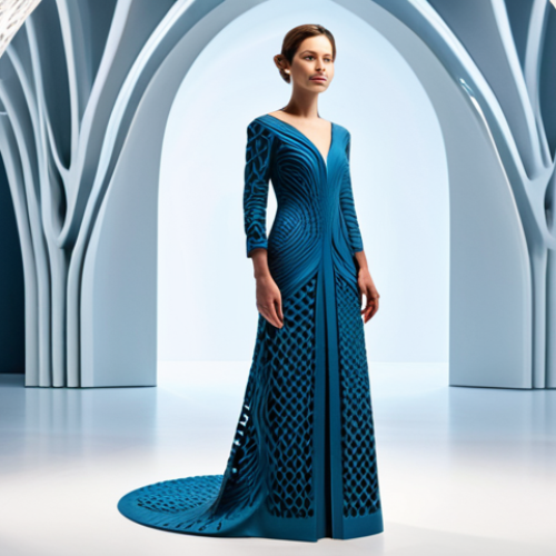 **Prompt for Innovative Design and Artistic Expression:**
    A female model, fully clothed in a modest, professionally designed 3D-printed gown, featuring an intricate, architectural pattern and unique, futuristic texture. The gown flows elegantly, showcasing the complex structures achievable with additive manufacturing. She stands gracefully in a minimalist, brightly lit gallery space, emphasizing the artistic nature of the garment. Perfect anatomy, correct proportions, natural pose, well-formed hands, proper finger count, natural body proportions. High-resolution, professional studio photography, safe for work, appropriate content, family-friendly, fully clothed, professional dress.