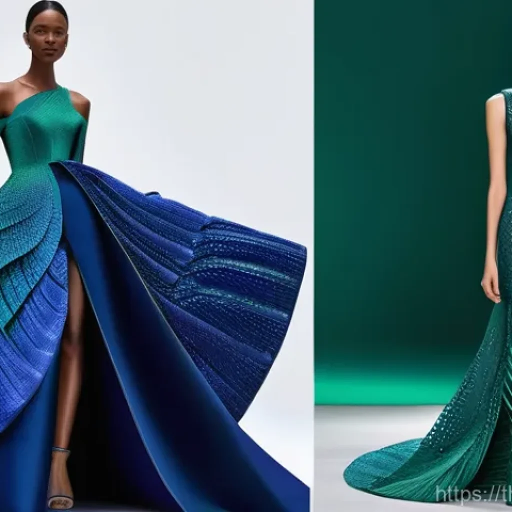 D 프린팅 패션의 혁신적 사례 연구 - **Prompt 1: Futuristic Haute Couture Gown**
"A female model, fully clothed in an exquisite, full...