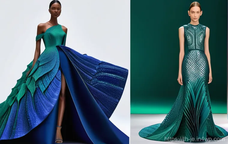 D 프린팅 패션의 혁신적 사례 연구 - **Prompt 1: Futuristic Haute Couture Gown**
"A female model, fully clothed in an exquisite, full...