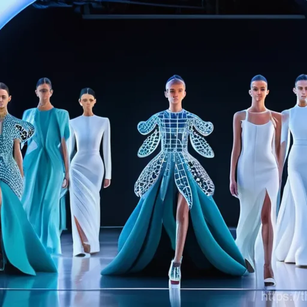 D 프린팅 패션의 새로운 기회 - **A Futuristic Runway Show:**
A stunning fashion show in a sleek, futuristic setting. Models, di...