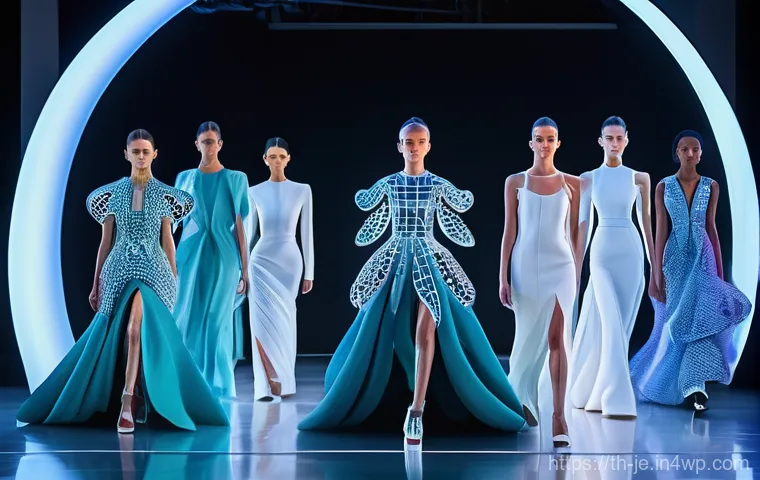 D 프린팅 패션의 새로운 기회 - **A Futuristic Runway Show:**
    A stunning fashion show in a sleek, futuristic setting. Models, di...