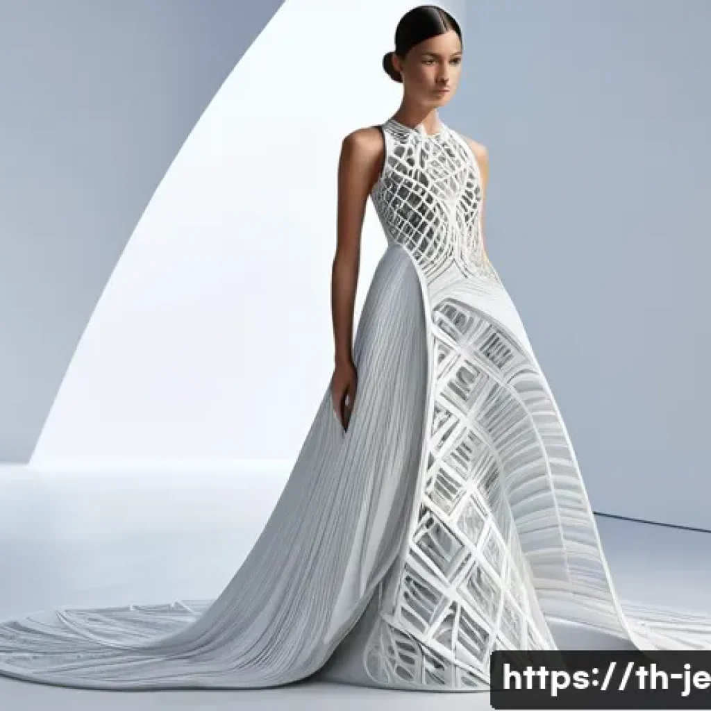 3D 프린팅 패션의 유행하는 기술 - **Prompt:** A female model, elegantly posed in an avant-garde 3D-printed gown that completely covers...