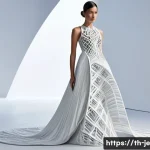 Home 22 3D 프린팅 패션의 유행하는 기술 - **Prompt:** A female model, elegantly posed in an avant-garde 3D-printed gown that completely covers...