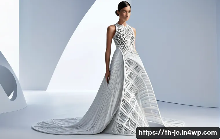 3D 프린팅 패션의 유행하는 기술 - **Prompt:** A female model, elegantly posed in an avant-garde 3D-printed gown that completely covers...