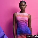 Home 20 3D 프린팅 패션에서의 컬러 활용 전략 - A futuristic fashion model wearing a 3D printed dress made from multi-colored PLA filament, featurin...
