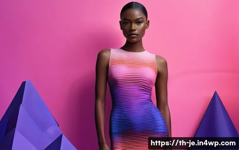 3D 프린팅 패션에서의 컬러 활용 전략 - A futuristic fashion model wearing a 3D printed dress made from multi-colored PLA filament, featurin...