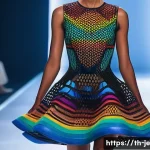 Home 19 D 프린팅 패션의 디자인 과정에서 고려해야 할 요소 - A futuristic fashion runway scene showcasing a model wearing a 3D printed dress made from flexible T...