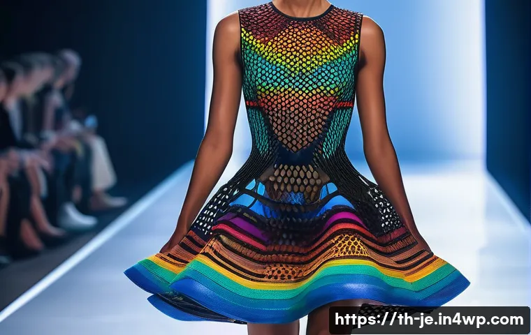 D 프린팅 패션의 디자인 과정에서 고려해야 할 요소 - A futuristic fashion runway scene showcasing a model wearing a 3D printed dress made from flexible T...