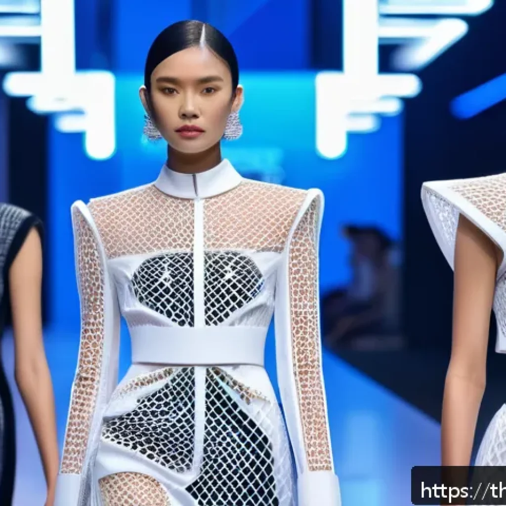 3D 프린팅 패션의 글로벌 동향 - A futuristic fashion runway scene in Bangkok featuring models wearing avant-garde 3D printed clothin...