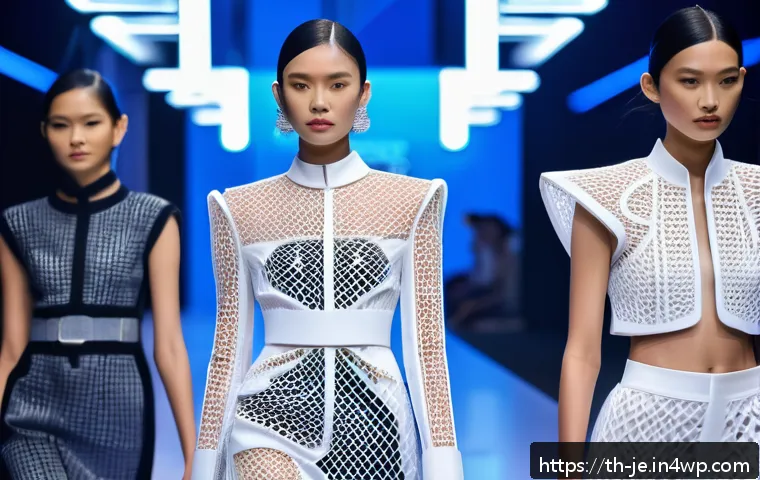 3D 프린팅 패션의 글로벌 동향 - A futuristic fashion runway scene in Bangkok featuring models wearing avant-garde 3D printed clothin...