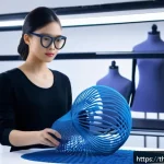 Home 23 3D 프린팅 의상 제작 과정 - A futuristic fashion studio scene showcasing a designer working on a 3D printed garment made from fl...
