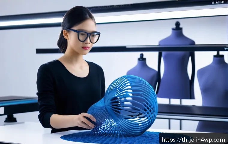 3D 프린팅 의상 제작 과정 - A futuristic fashion studio scene showcasing a designer working on a 3D printed garment made from fl...