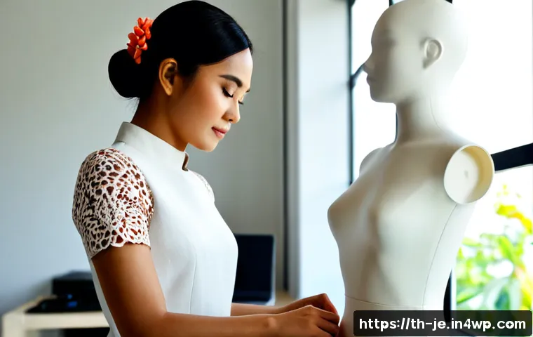 Home 17 D 프린팅 패션과 커스터마이징 - Photorealistic fashion studio in Bangkok, Thai female designer adjusting a custom 3D-printed coral-i...